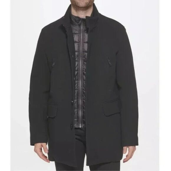 Cole Haan Men's Large Black Wool Twill Topper Coat with Water Resistant Bib - Picture 1 of 11